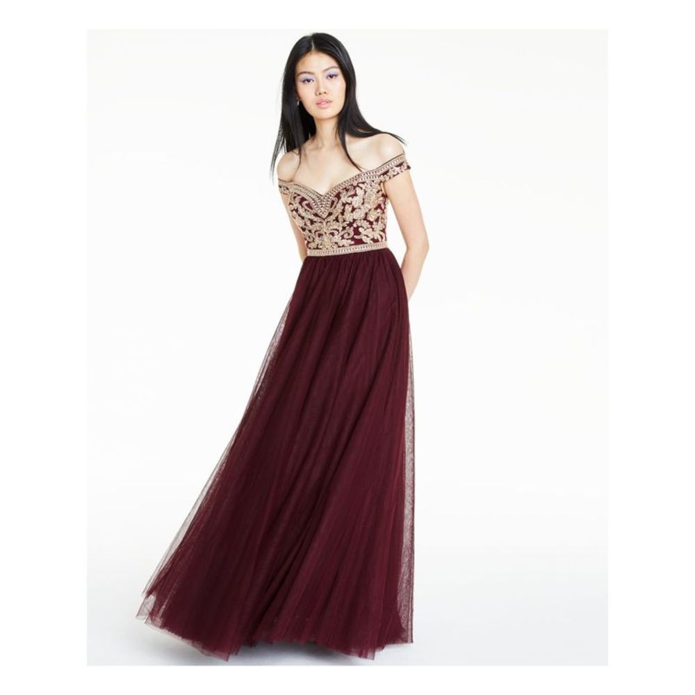SAY YES TO THE PROM Womens Maroon Full-Length Formal Fit + Flare Dress Juniors 0